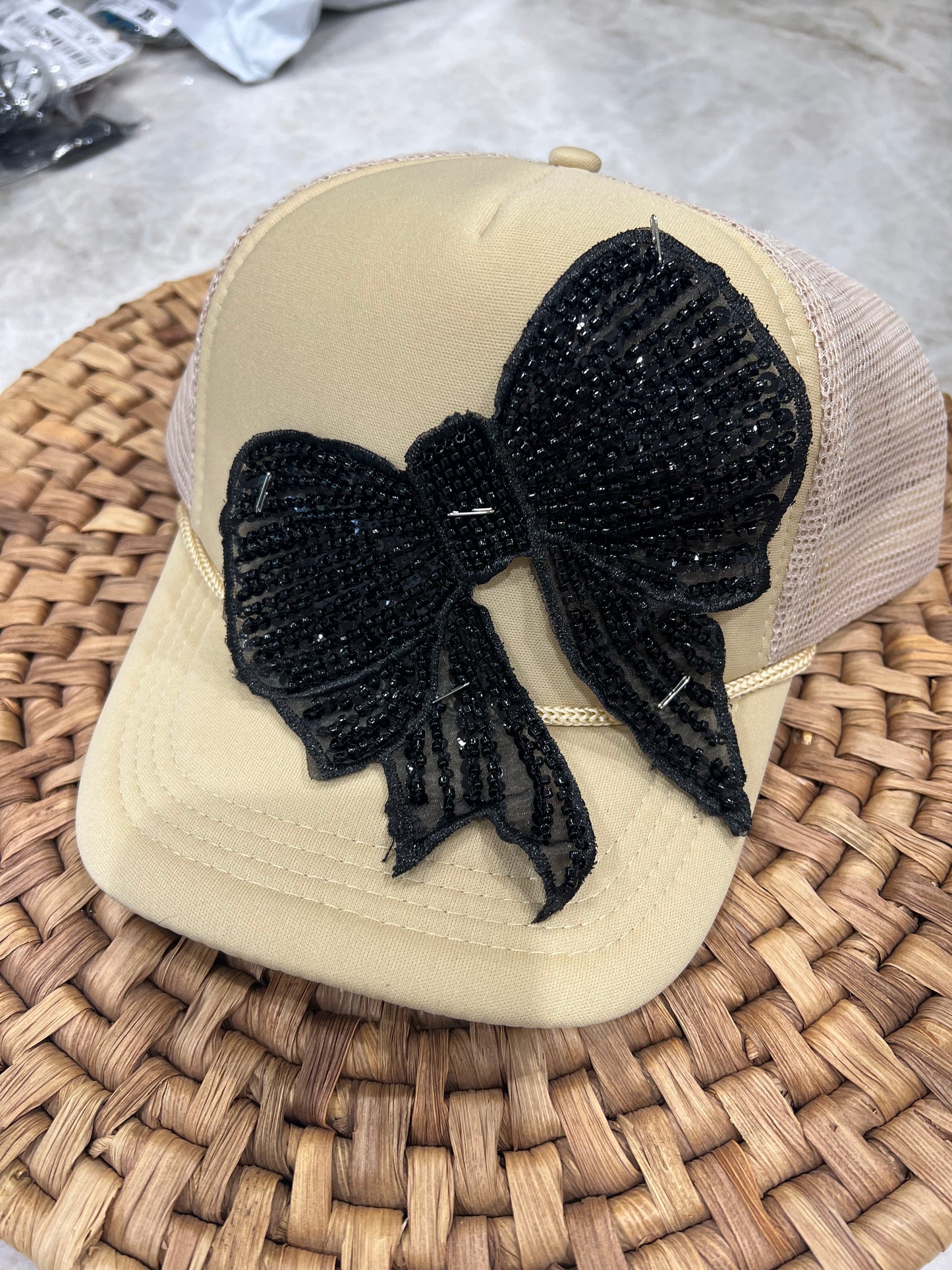 Black Beaded Bow Patch - non adhesive - requires E6000 or Fabric Glue