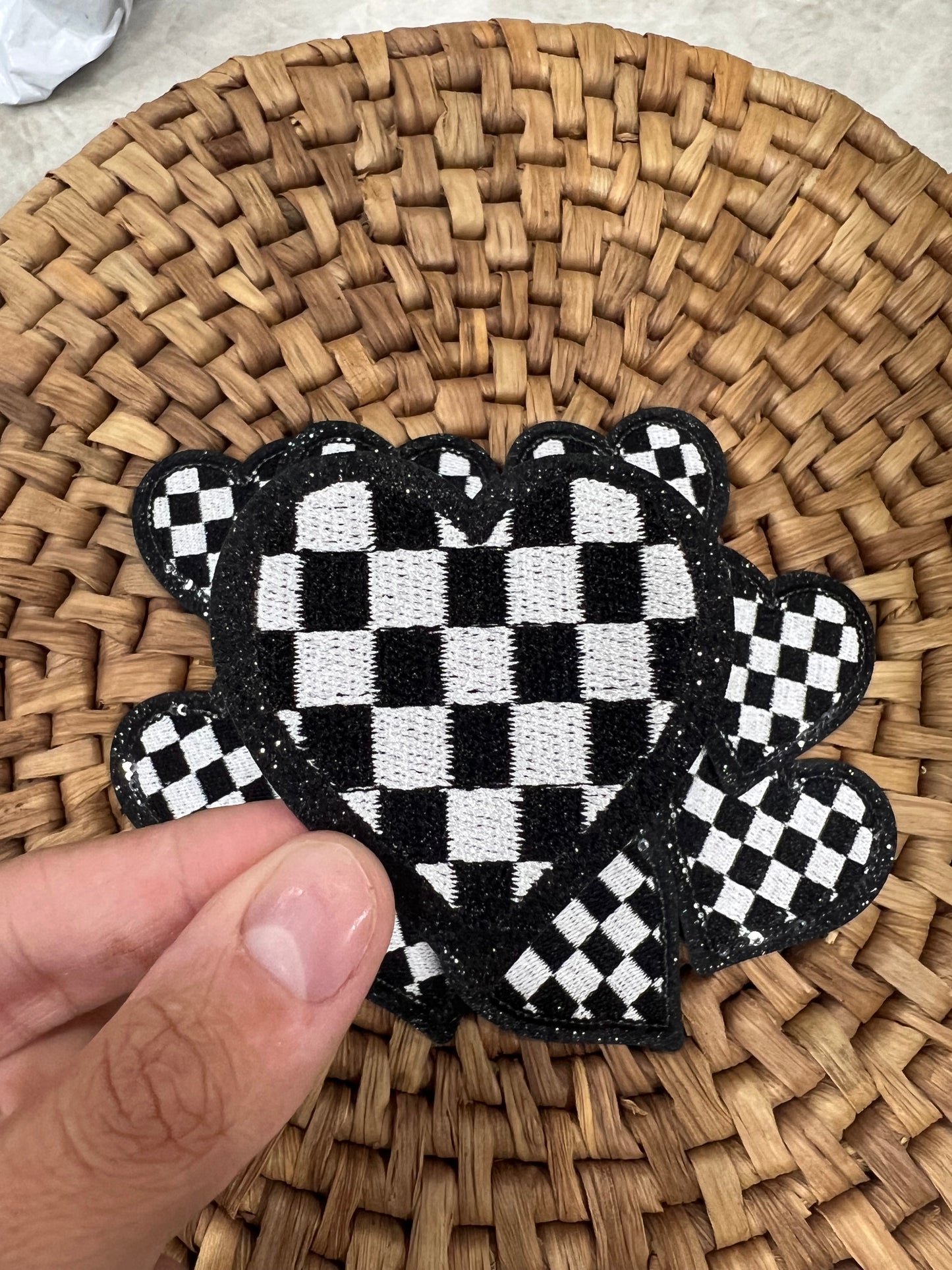 Checkered Heart - Black Sequin - iron on patch