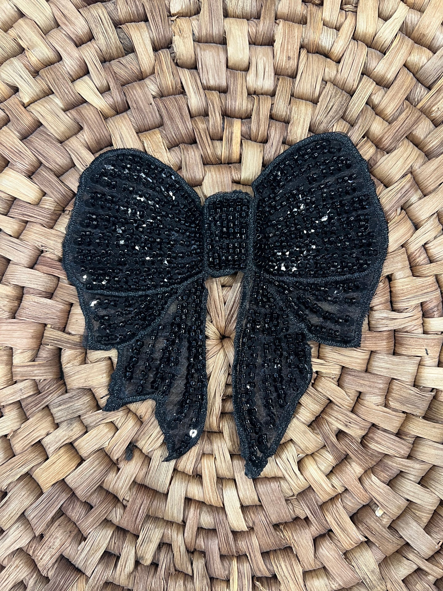 Black Beaded Bow Patch - non adhesive - requires E6000 or Fabric Glue