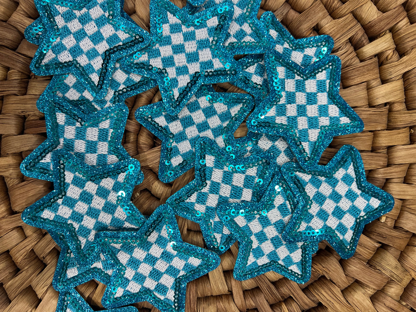 Checkered Star - Blue Sequin - iron on patch