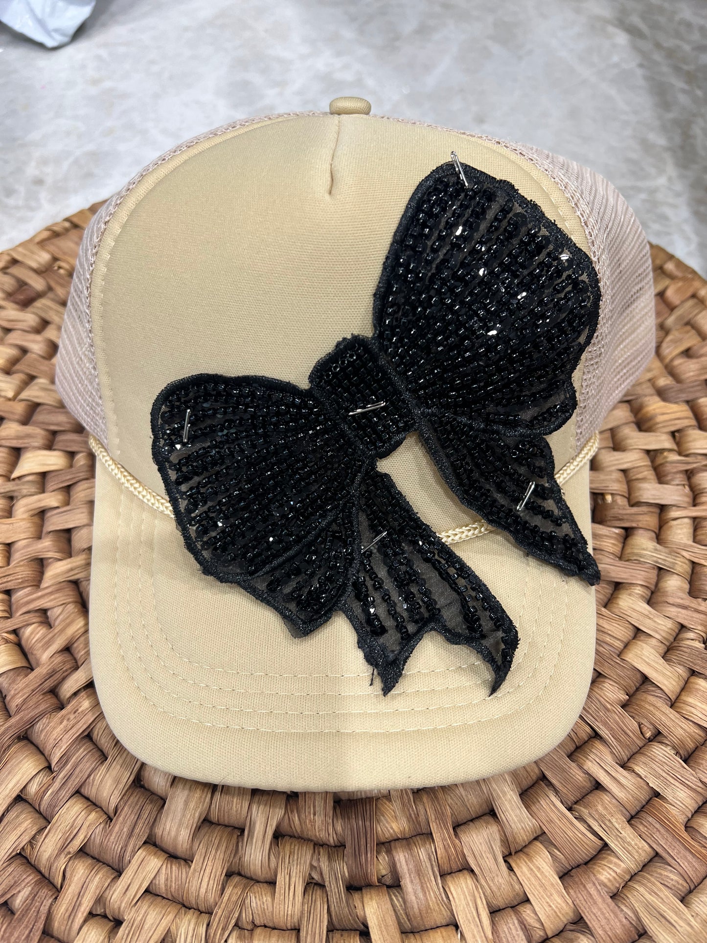 Black Beaded Bow Patch - non adhesive - requires E6000 or Fabric Glue