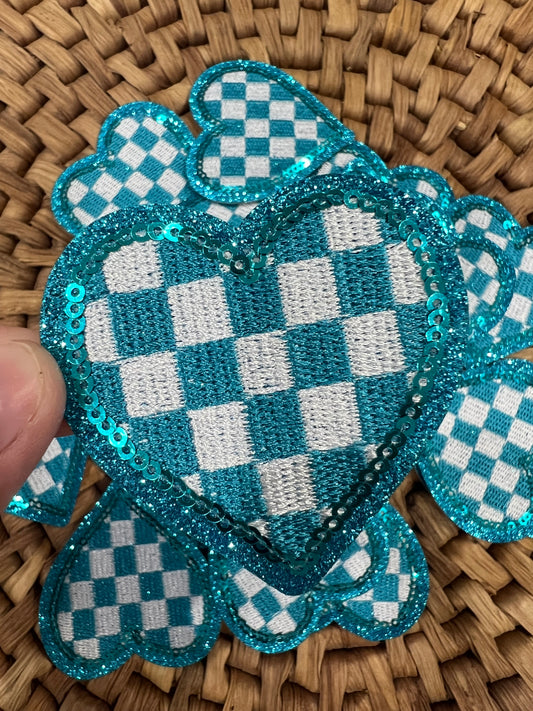 Checkered Heart - Blue Sequin - iron on patch