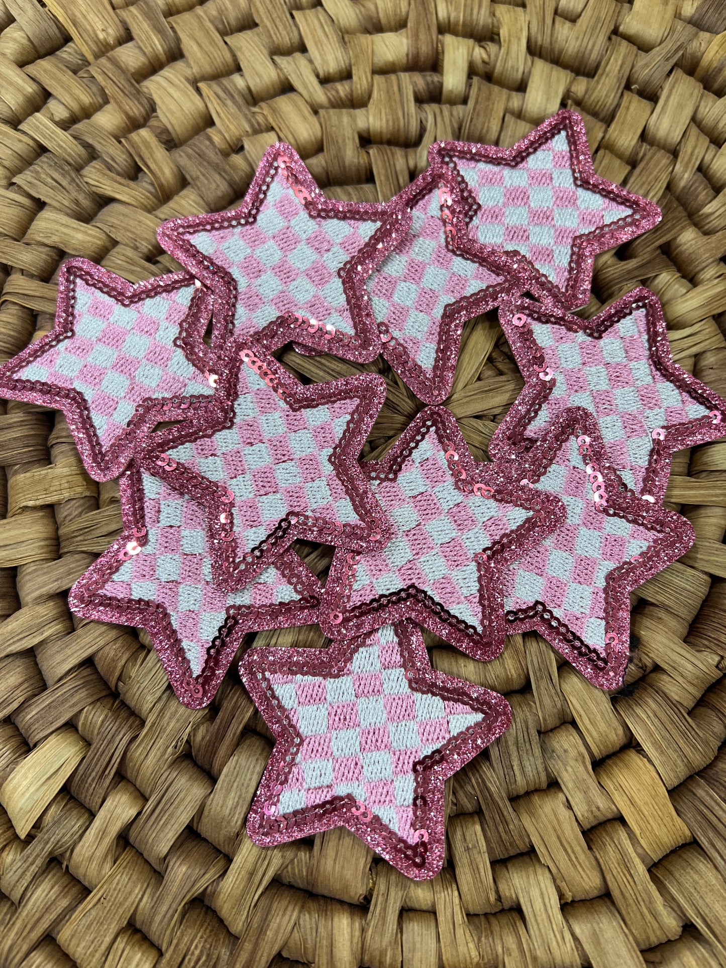 Checkered Star - Pink Sequin - iron on patch