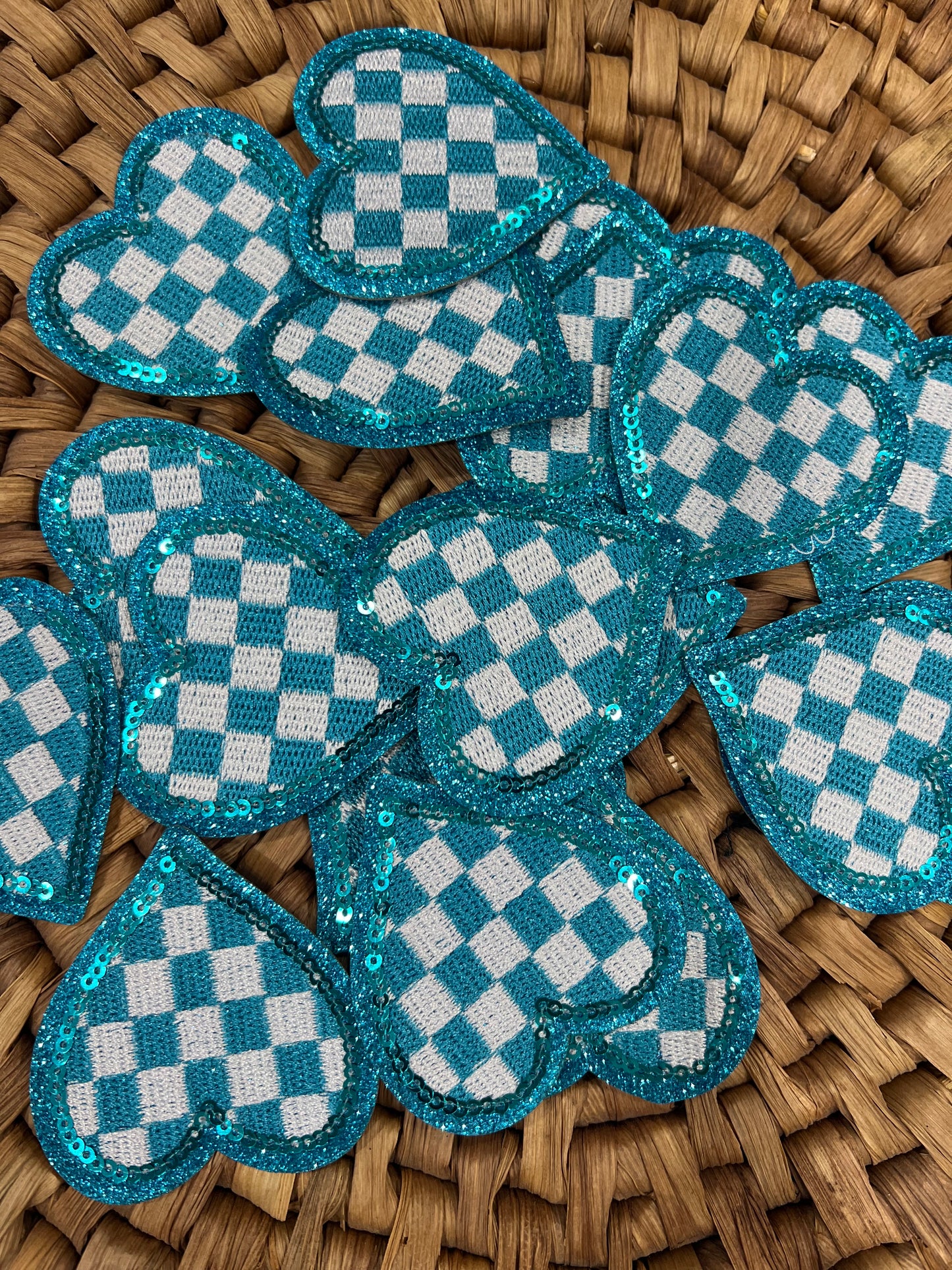 Checkered Heart - Blue Sequin - iron on patch