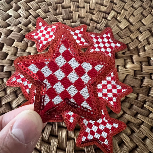 Checkered Star - Red Sequin - iron on patch