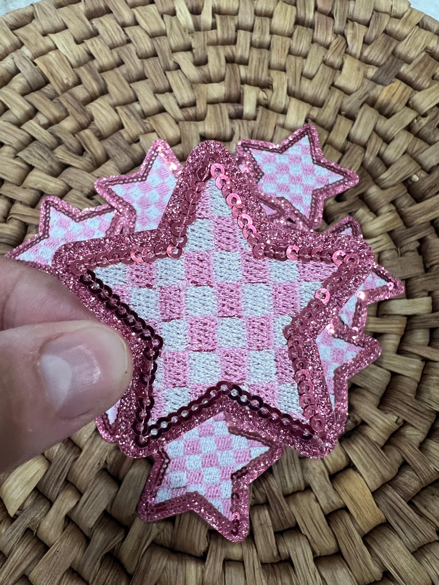 Checkered Star - Pink Sequin - iron on patch