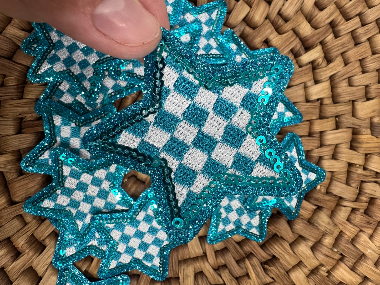 Checkered Star - Blue Sequin - iron on patch