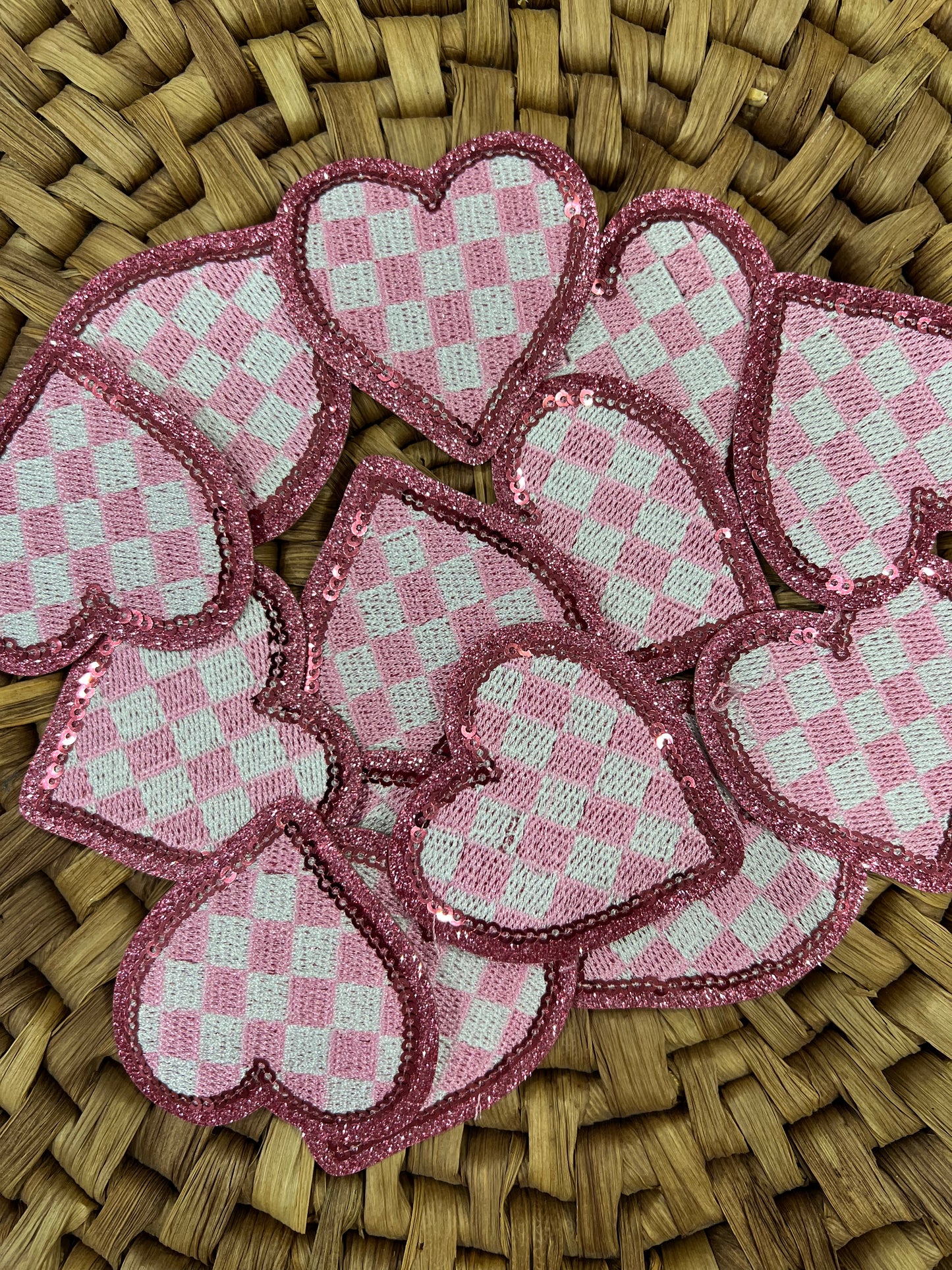 Checkered Heart - Pink Sequin - iron on patch