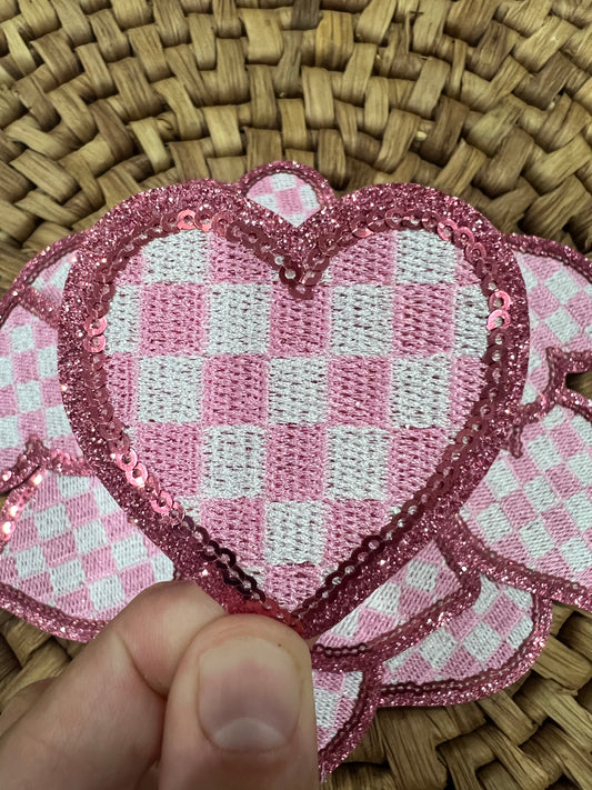 Checkered Heart - Pink Sequin - iron on patch