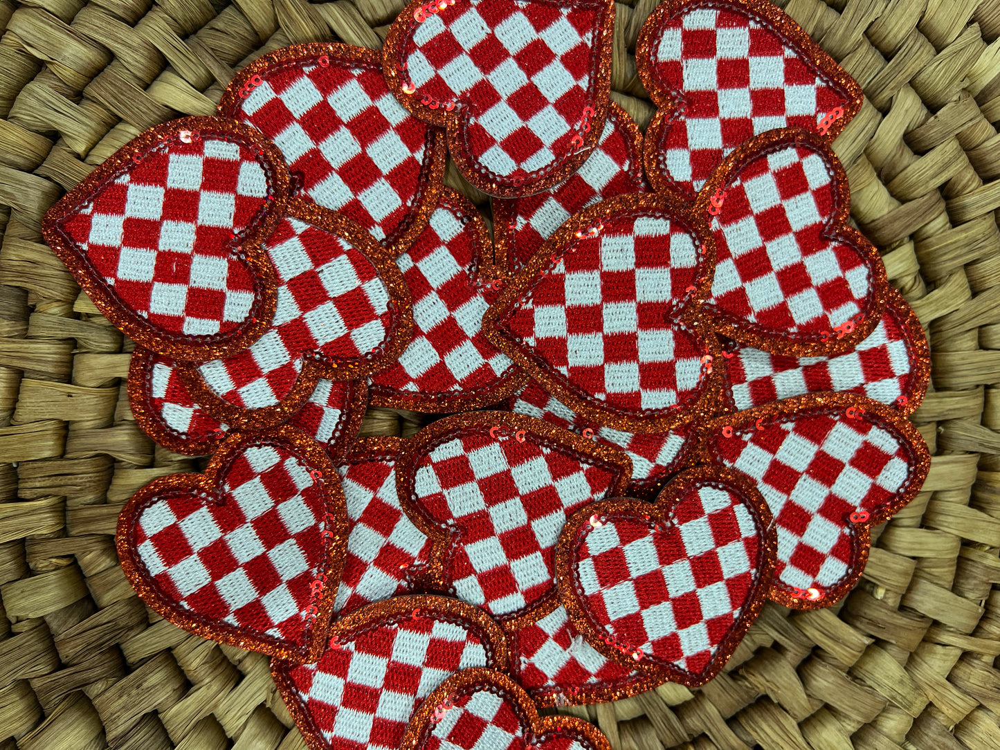 Checkered Heart - Red Sequin - iron on patch