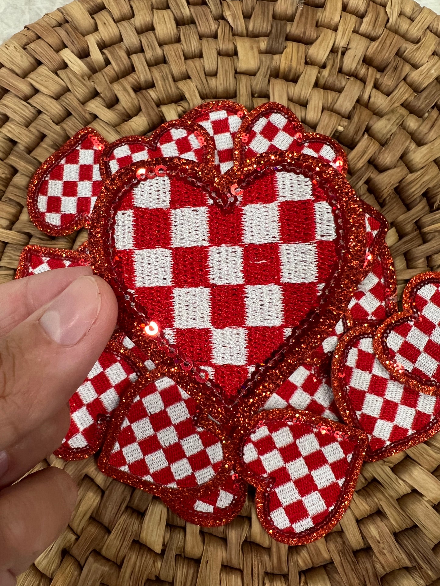 Checkered Heart - Red Sequin - iron on patch