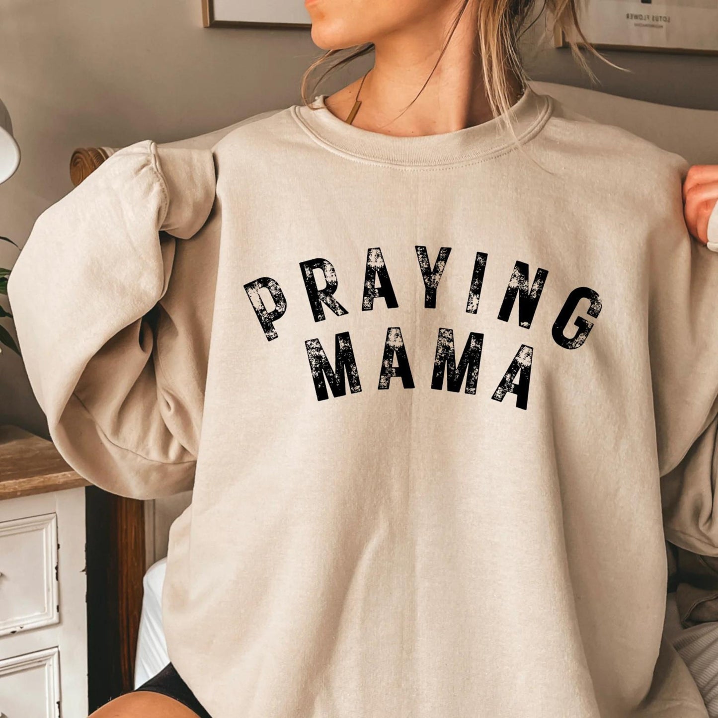 PRAYING MAMA Crewneck - Gildan 1800 - Christian Mama Tee. New Mom Gift, Cool Mom Sweater, Mothers Day Gift, Birthday Gift for Mom.