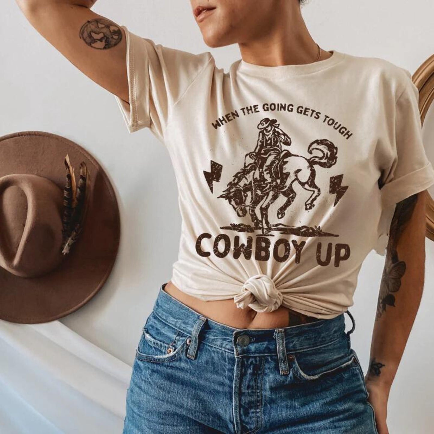When The Going Gets Tough, Cowboy Up T-Shirt - Bella + Canvas 3001C- Cowboy/ Cowgirl Graphic T - Old Money Aesthetic - Western Apparel