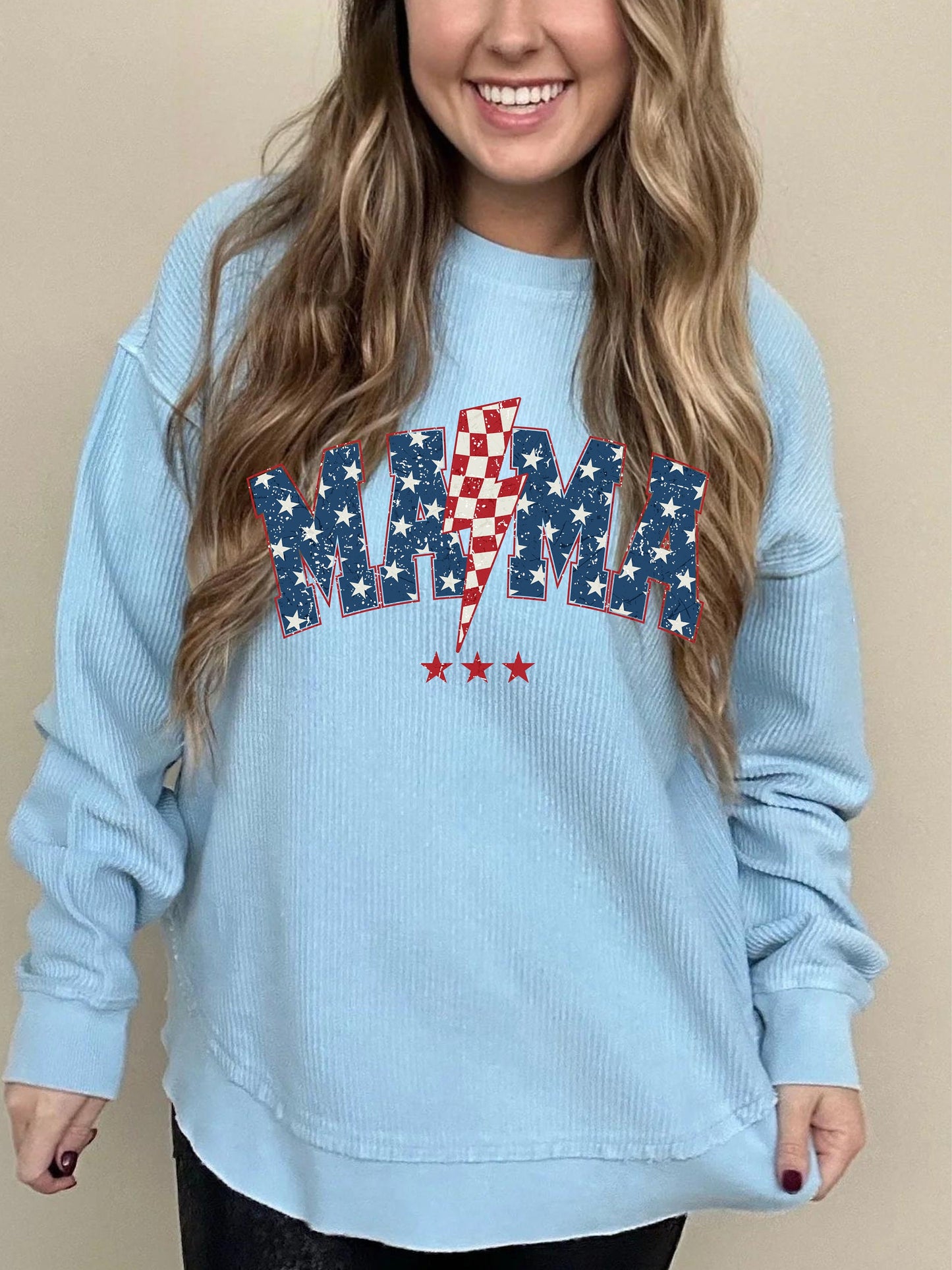 Retro MAMA Corded Crew Trendy Mama Freedom 1776 Shirt | Fourth of July Apparel | Trendy July 4th Graphic T, Independence Day Shirt.